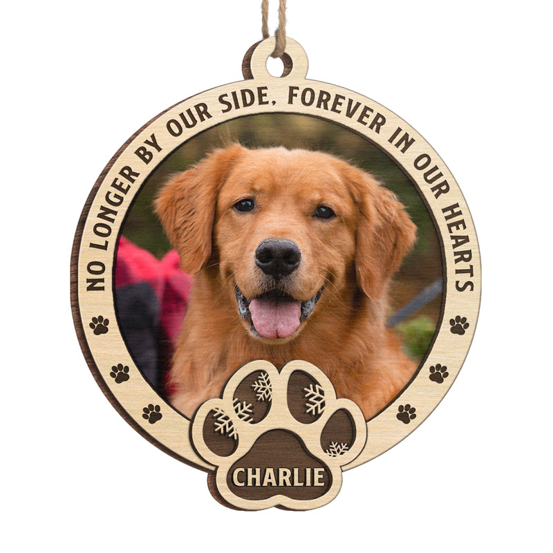 Custom Photo No Longer By Our Side, Forever In Our Hearts Pet Memorial custom shaped wood ornament, alternate view 2