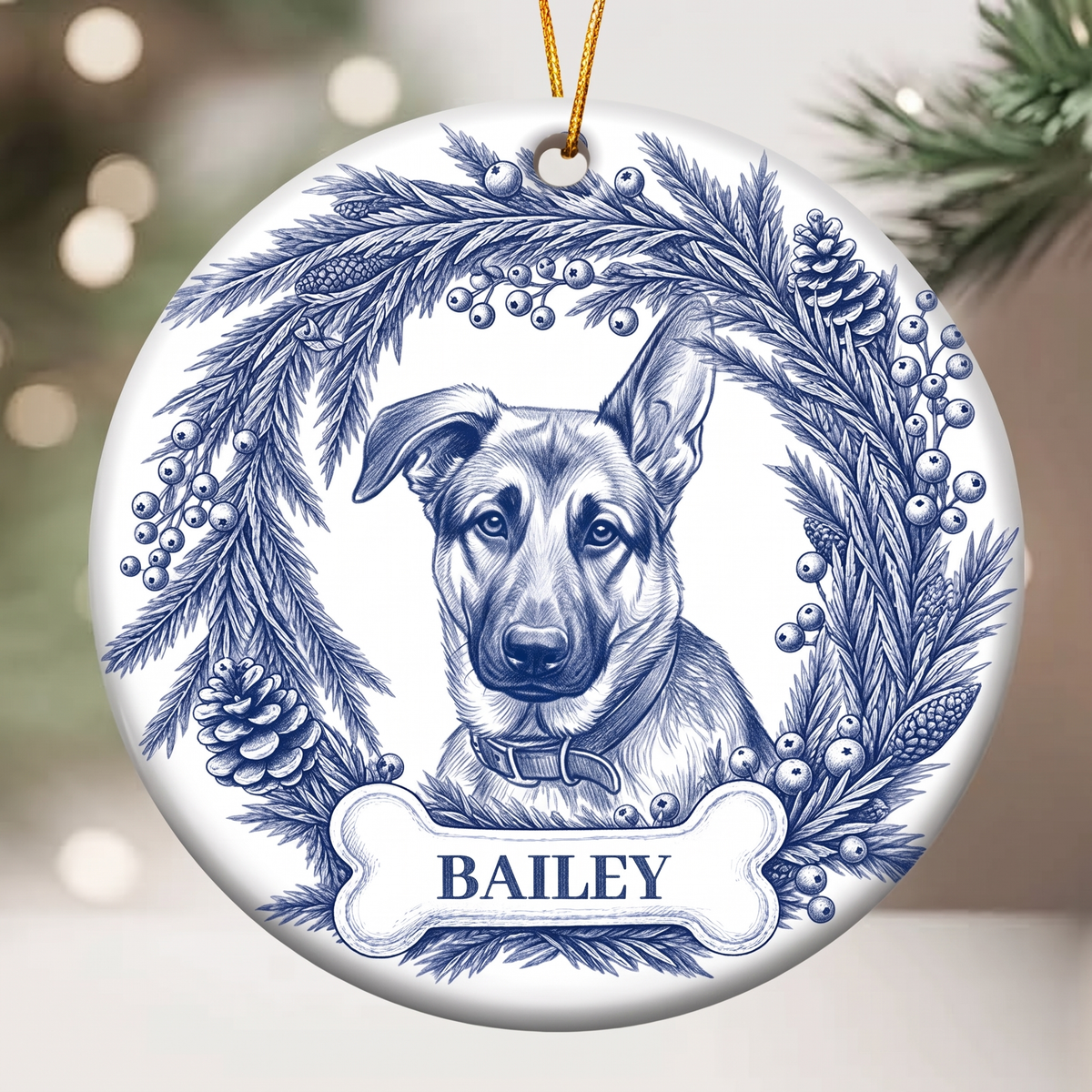 Custom Photo Pencil Sketch Pet Memorial Christmas - Personalized Circle Ceramic Ornament - Sympathy Gift For Pet Owners, Pet Lovers, Dog Lovers, Cat Lovers