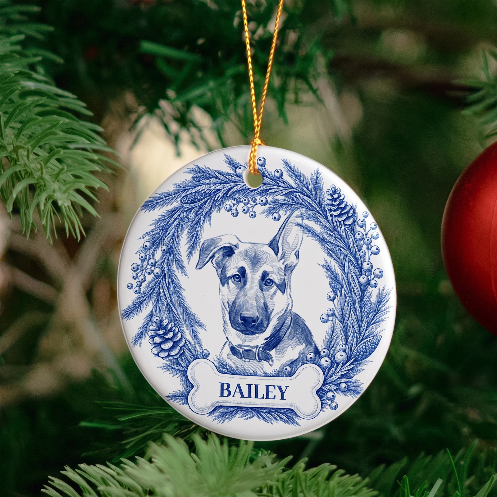 Custom Photo Pencil Sketch Pet Memorial Christmas - Personalized Circle Ceramic Ornament - Sympathy Gift For Pet Owners, Pet Lovers, Dog Lovers, Cat Lovers