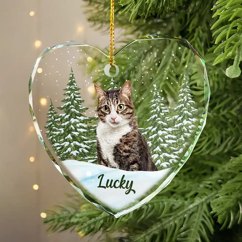 Custom Photo Pet Face Dog Cat Memorial - Personalized Heart Shaped Glass Ornament - Sympathy Gift For Pet Owners, Pet Lovers
