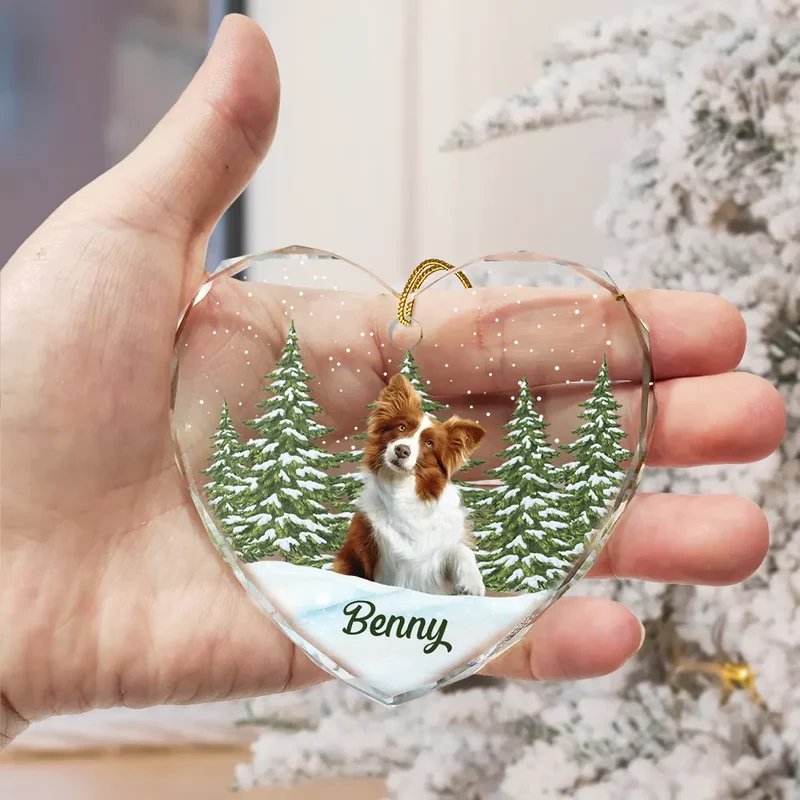 Custom Photo Pet Face Dog Cat Memorial - Personalized Heart Shaped Glass Ornament - Sympathy Gift For Pet Owners, Pet Lovers