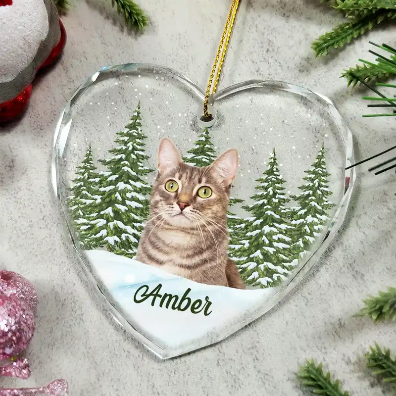 Custom Photo Pet Face Dog Cat Memorial - Personalized Heart Shaped Glass Ornament - Sympathy Gift For Pet Owners, Pet Lovers