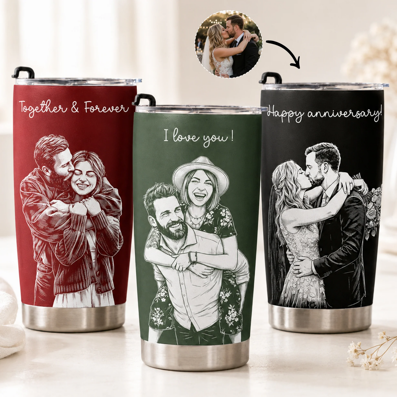 Custom Couple Photo Sketch Line Art - Personalized Custom 20oz Fat Tumbler Cup - Gift For Her/Him, Husband/Wife, Couples on Anniversary, Valentine's Day