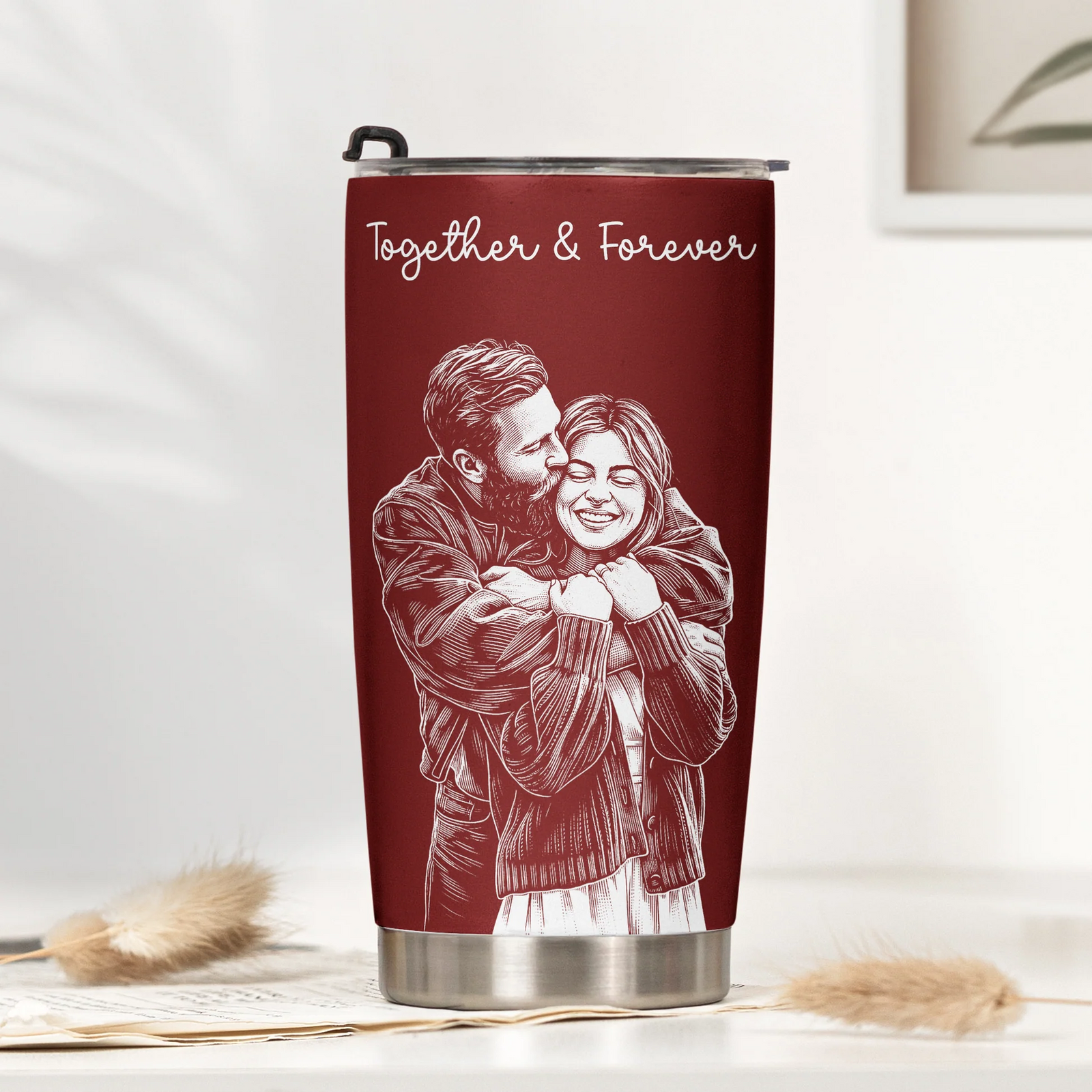 Custom Couple Photo Sketch Line Art - Personalized Custom 20oz Fat Tumbler Cup - Gift For Her/Him, Husband/Wife, Couples on Anniversary, Valentine's Day