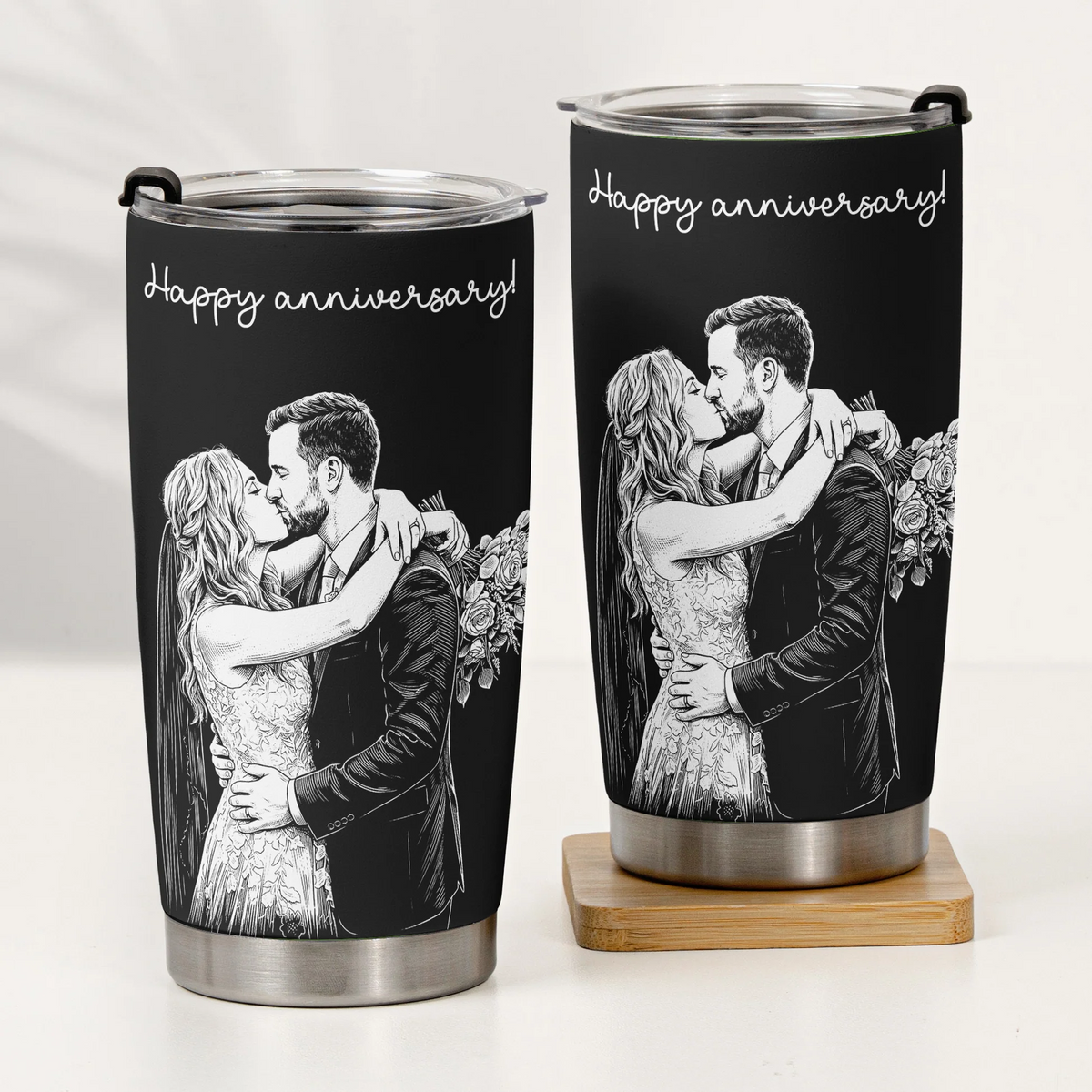 Custom Couple Photo Sketch Line Art - Personalized Custom 20oz Fat Tumbler Cup - Gift For Her/Him, Husband/Wife, Couples on Anniversary, Valentine's Day