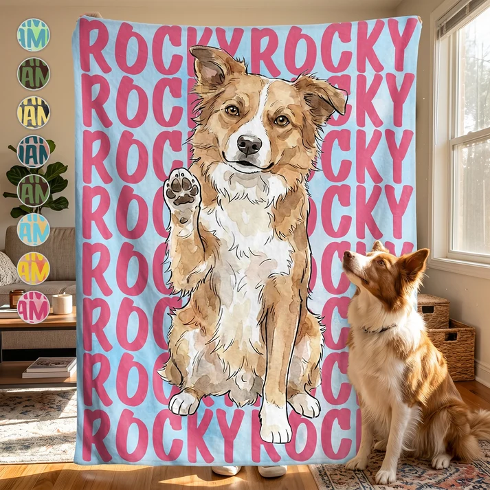 Custom Photo Pet Portrait & Name Watercolor Style - Personalized Custom Blanket - Gift for Dog Lovers, Cat Lovers, Pet Lovers