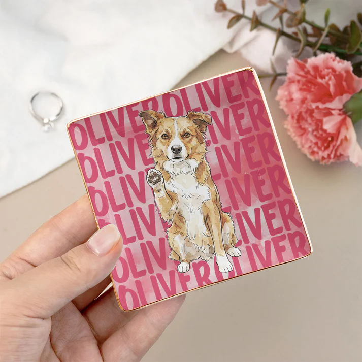 Custom Photo Pet Portrait & Name Watercolor Style - Personalized Jewelry Dish - Gift for Dog/Cat Lovers, Dog/Cat Mom, Pet Lovers