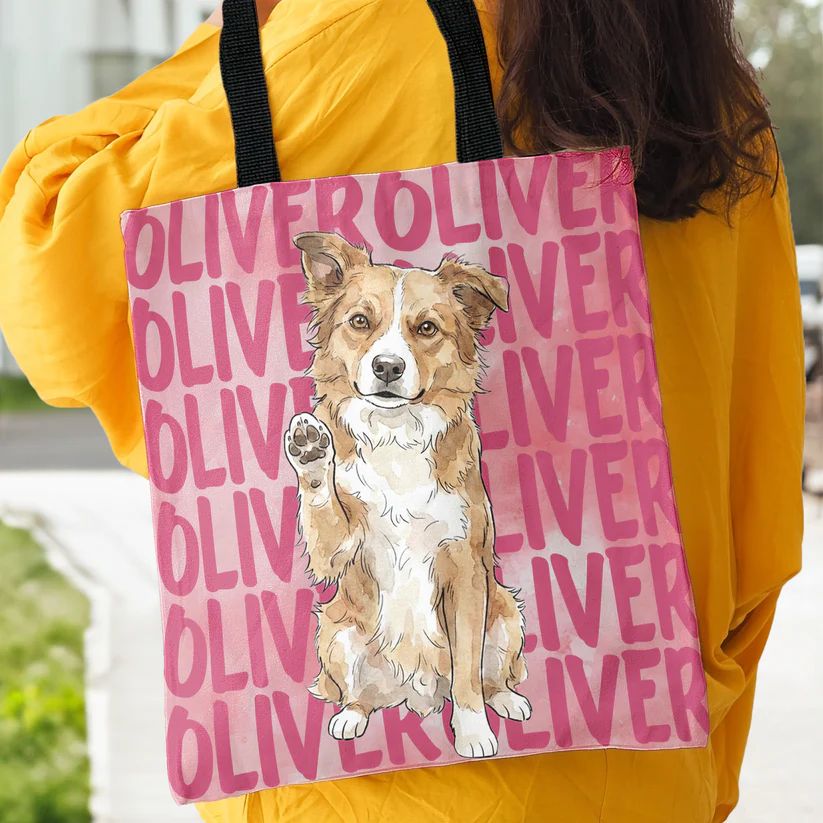 Custom Photo Pet Portrait & Name Watercolor Style - Personalized Tote Bag - Gift for Dog Mom, Cat Mom, Dog Lovers, Cat Lovers, Pet Lovers
