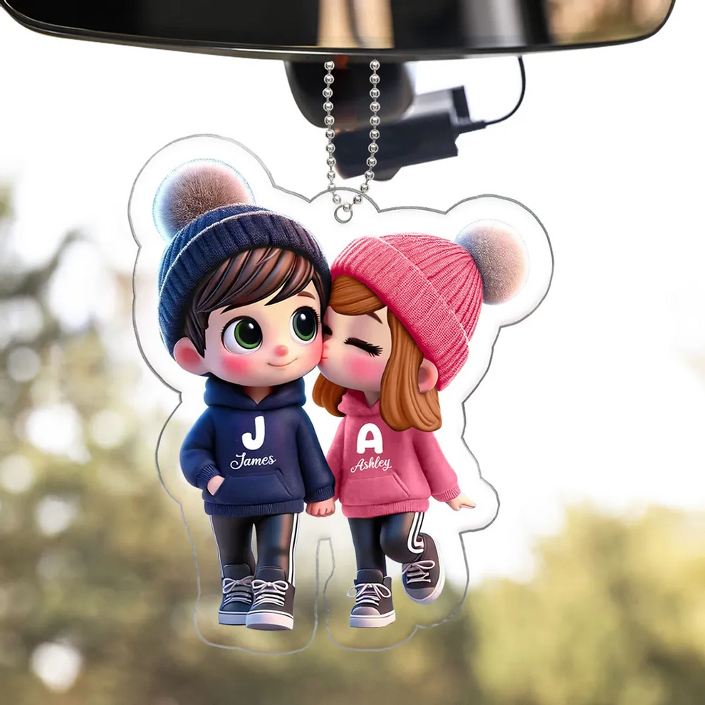 Cute Cartoon Couple Walking personalized car hanger 2 sides, main view