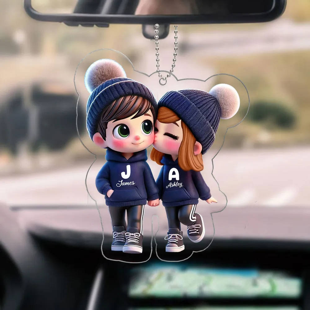 Cute Cartoon Couple Walking personalized car hanger 2 sides, alternate view 2