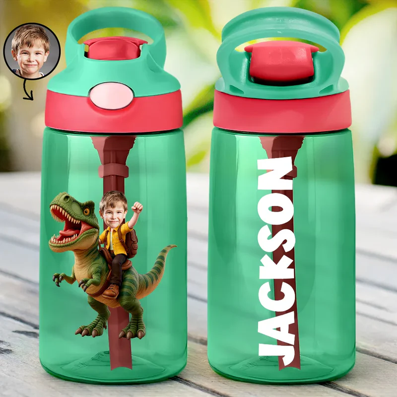 Custom Photo Cute Kid Riding Dinosaur Flamingo Unicorn - Personalized Kids Water Bottle With Straw - Gift For Back To School, First Day of School - Student, Son, Daughter | Kindergarten, Pre-K, Preschool
