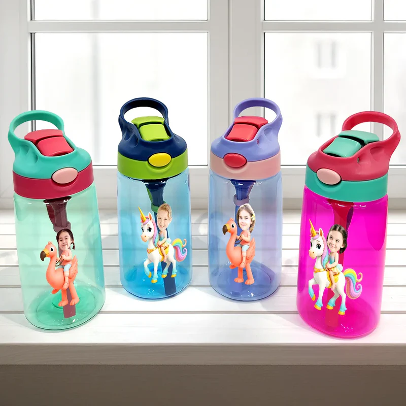 Custom Photo Cute Kid Riding Dinosaur Flamingo Unicorn - Personalized Kids Water Bottle With Straw - Gift For Back To School, First Day of School - Student, Son, Daughter | Kindergarten, Pre-K, Preschool