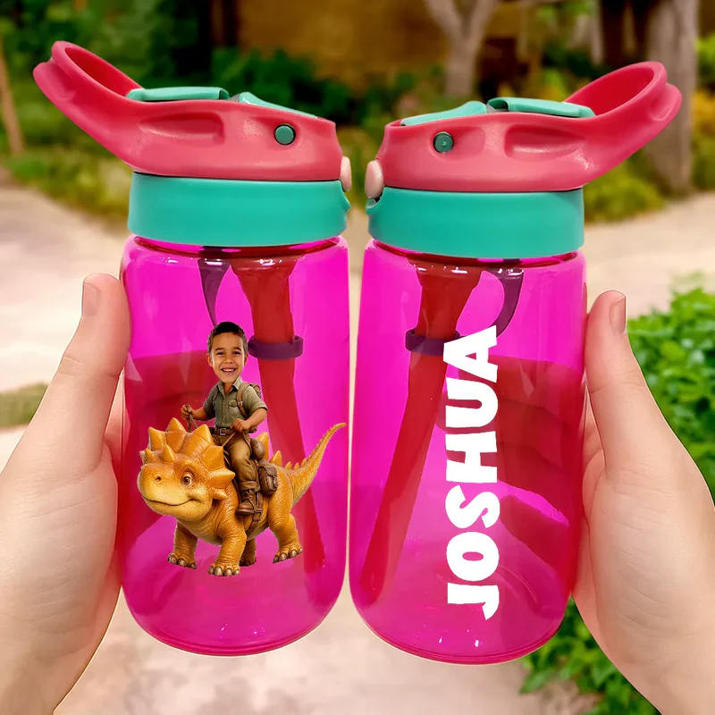 Custom Photo Cute Kid Riding Dinosaur Flamingo Unicorn - Personalized Kids Water Bottle With Straw - Gift For Back To School, First Day of School - Student, Son, Daughter | Kindergarten, Pre-K, Preschool