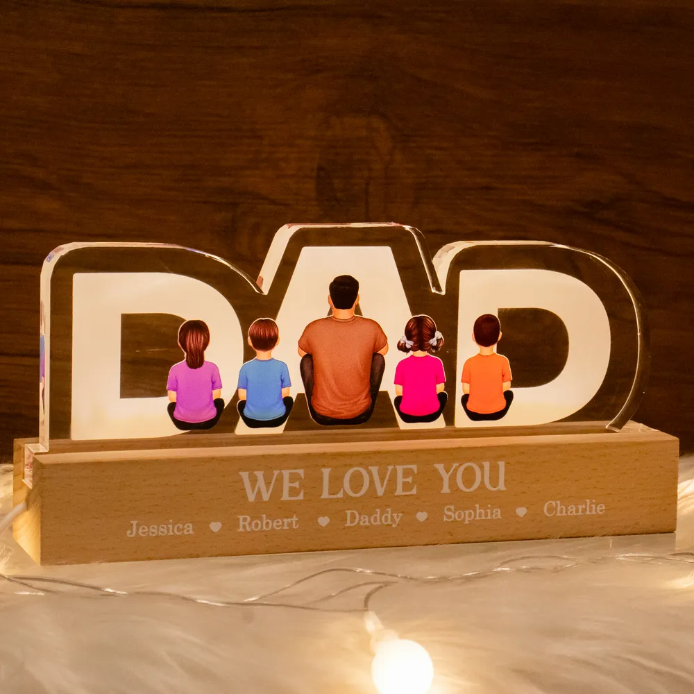 DAD Family Sitting Back View - Personalized Acrylic LED Night Light - Father's Day Gift For Dad, Daddy, Husband