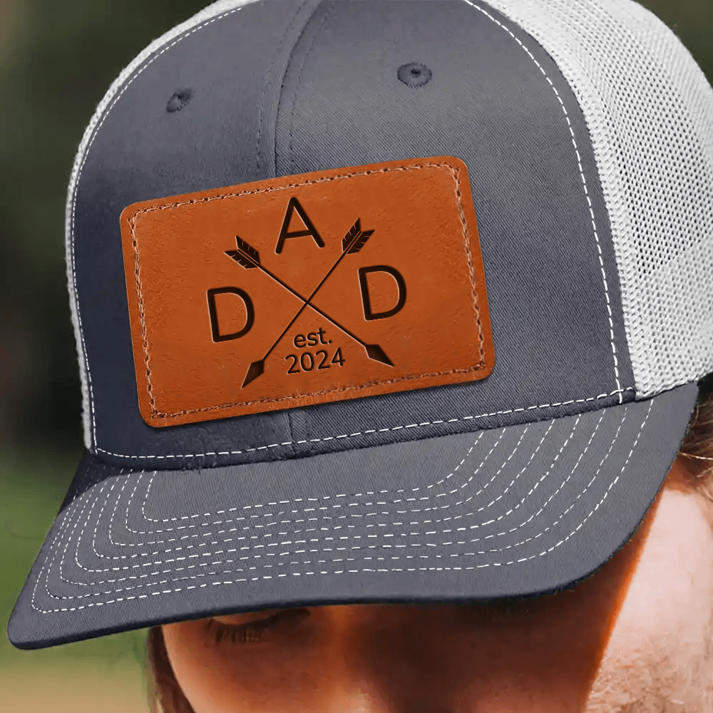 Dad Established Custom Year Trucker Hat - Personalized Engraved Leather Patch Hat/Cap - Father's Day Gift for Him, Husband, Daddy