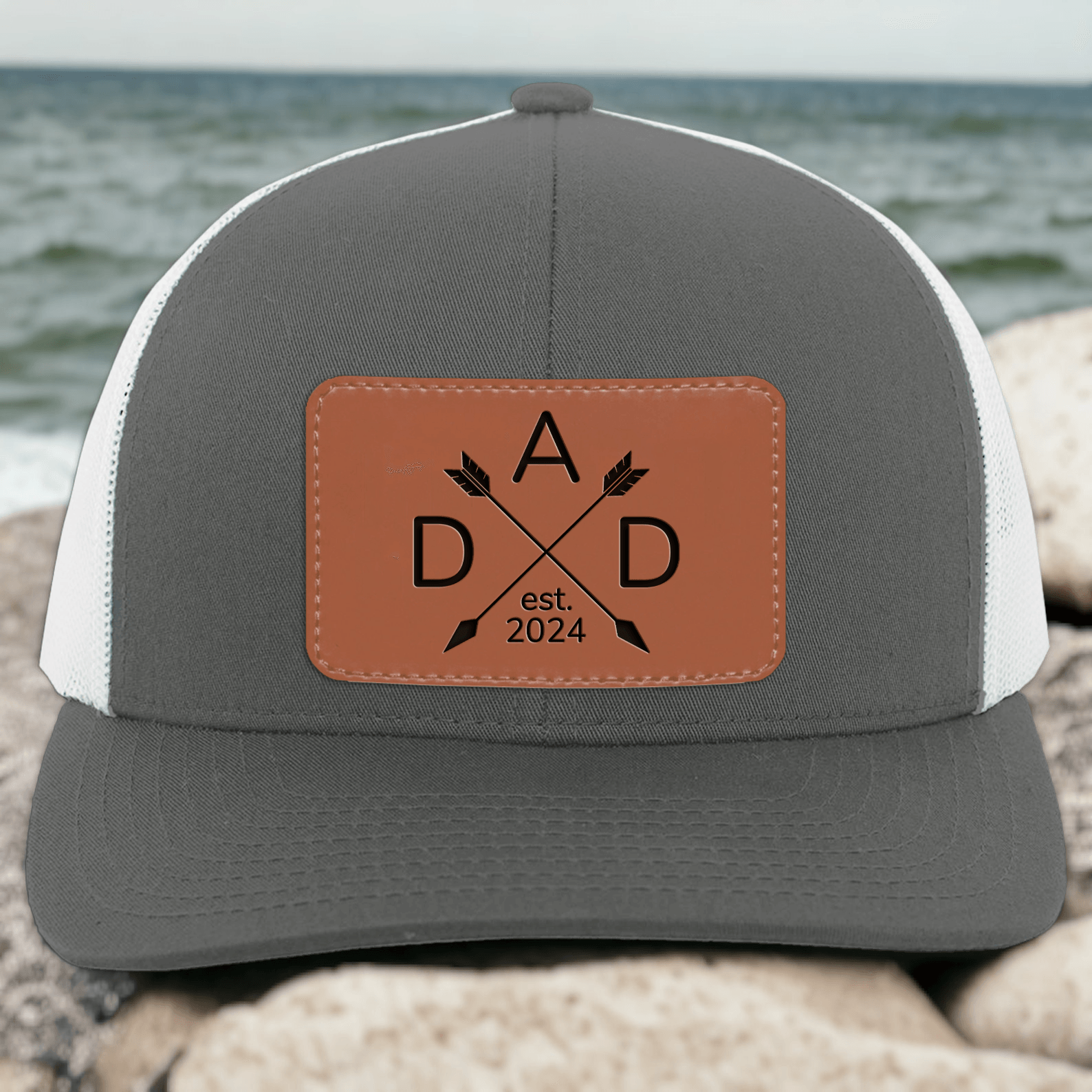 Dad Established Custom Year Trucker Hat - Personalized Engraved Leather Patch Hat/Cap - Father's Day Gift for Him, Husband, Daddy