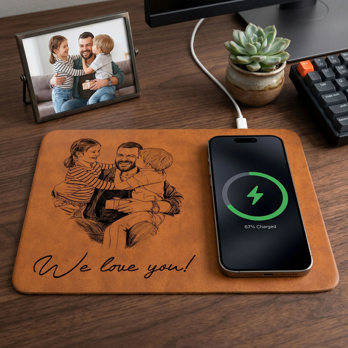 Custom Photo Dad Sketch Line Art - Personalized Charging Pad - Father's Day Gift for Dad, Daddy, Husband
