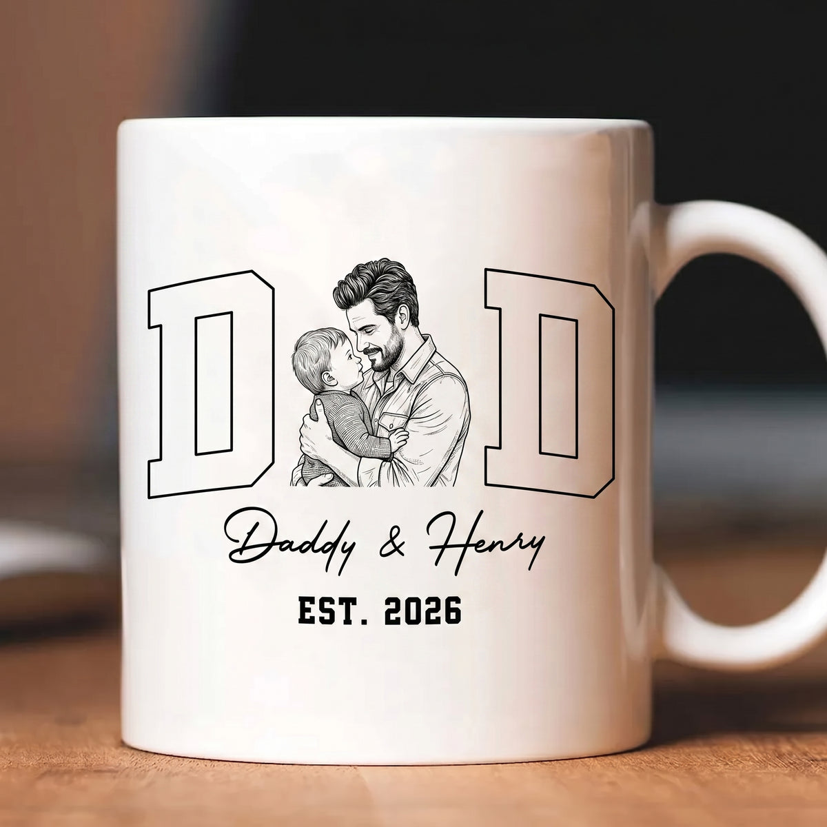 Custom Photo Sketch Line Art Dad EST - Personalized Custom Mug - First Father's Day Gifts, First Time Dad Gifts, New Parent Gifts