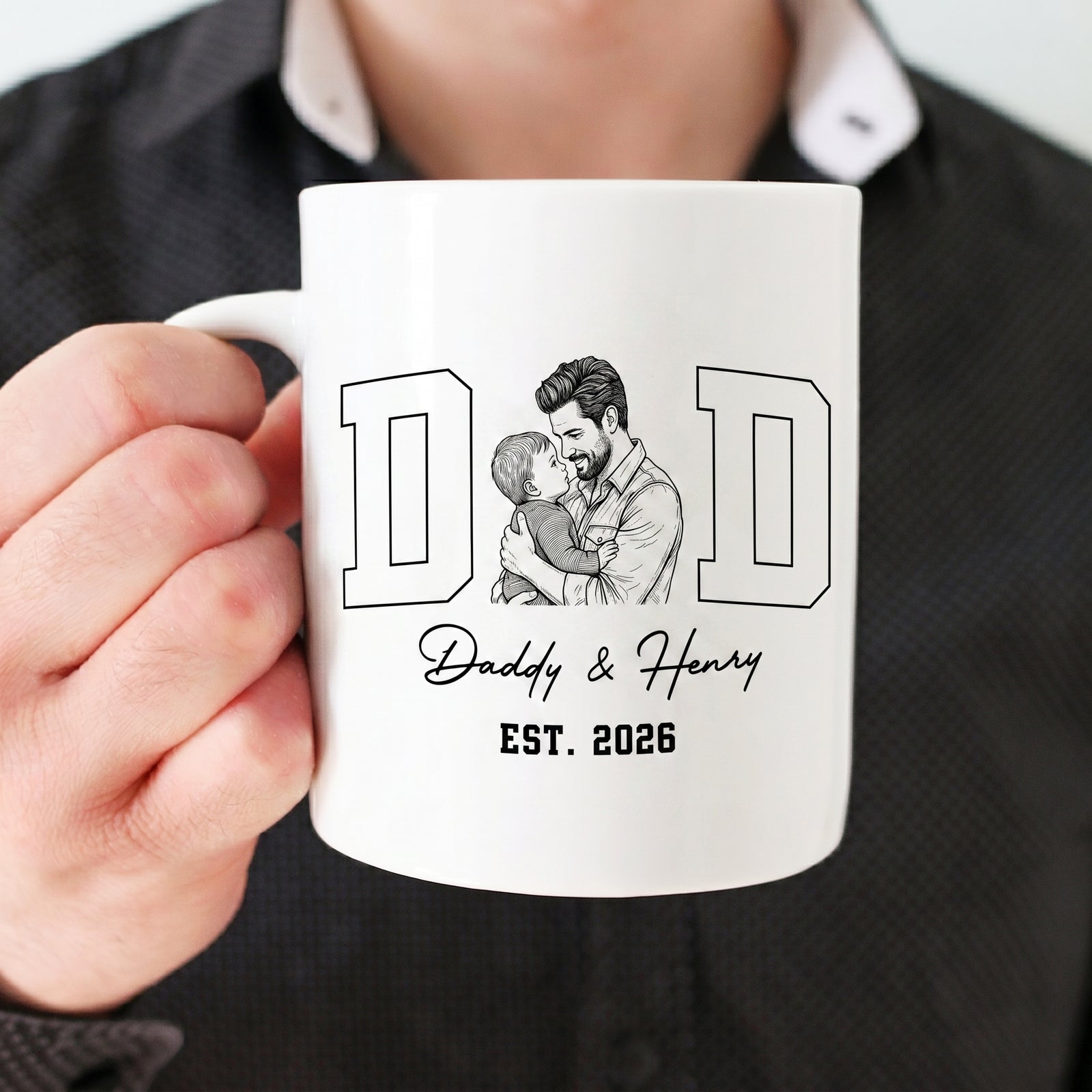 Custom Photo Sketch Line Art Dad EST - Personalized Custom Mug - First Father's Day Gifts, First Time Dad Gifts, New Parent Gifts