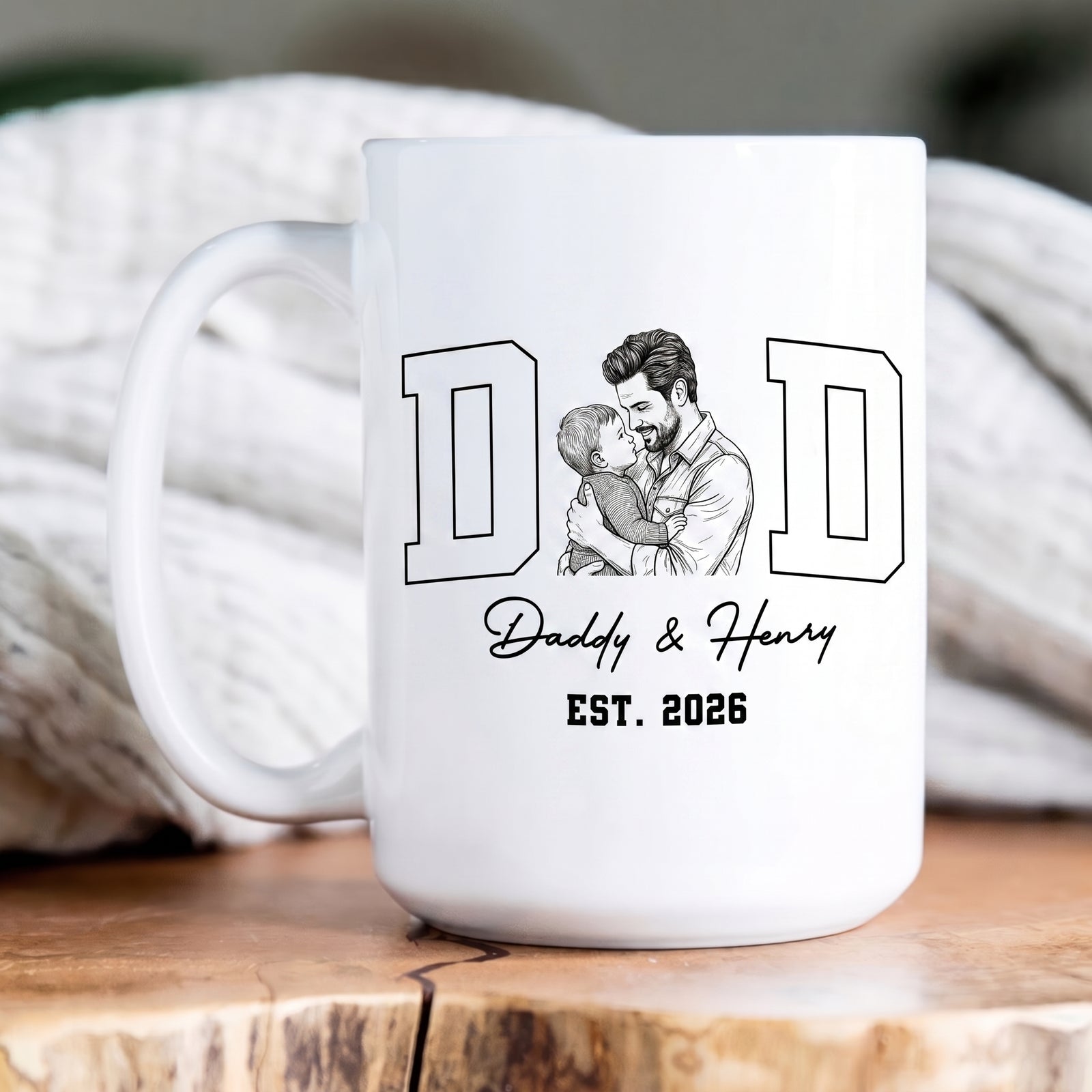Custom Photo Sketch Line Art Dad EST - Personalized Custom Mug - First Father's Day Gifts, First Time Dad Gifts, New Parent Gifts