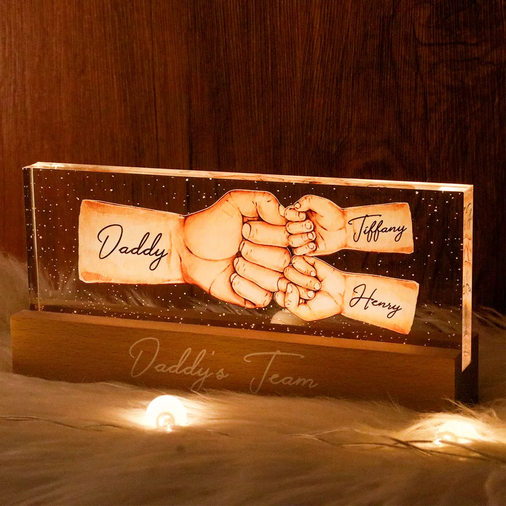 Daddy's Team Fist Bump - Personalized Acrylic LED Night Light - Father's Day Gift For Dad, Grandpa, Husband