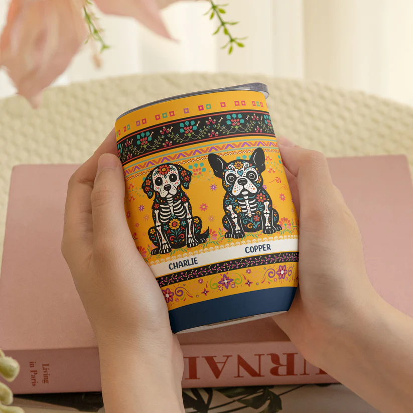 Day Of The Dead Dog Cat Hispanic Mexican Flowers - Personalized Custom 12oz Wine Tumbler - Gift For Dog Lovers, Cat Lovers