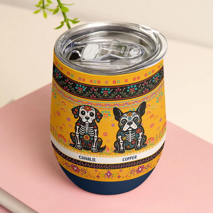 Day Of The Dead Dog Cat Hispanic Mexican Flowers - Personalized Custom 12oz Wine Tumbler - Gift For Dog Lovers, Cat Lovers