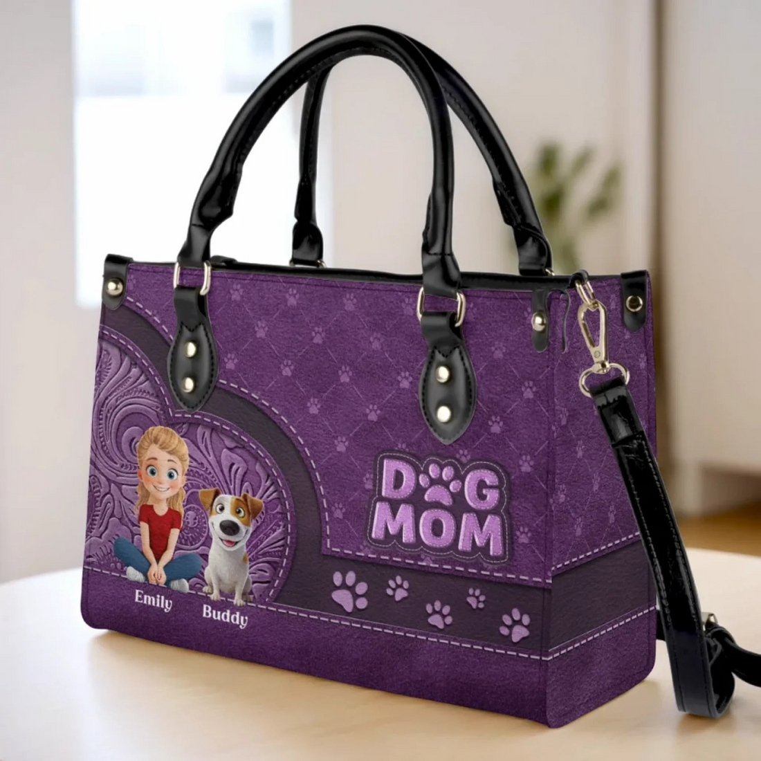 Personalized Dog/Cat Mom, More Love And Less Bark leather handbag, interior pockets and removable strap details