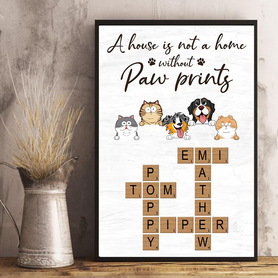 Home With Paw Prints Peeking Dog Cat Crossword Puzzle Art - Personalized Poster/Canvas Print