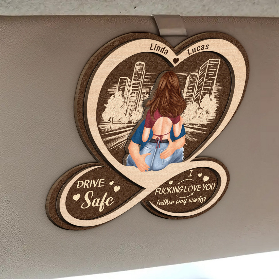 Personalized Drive Safe I F*Cking Love You Couple car visor clip, alternate view 2