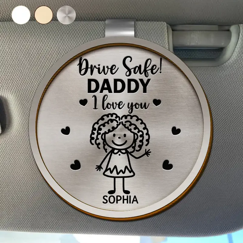 Drive Safe Grandpa Daddy Kid Stick Figures - Personalized Shaped Car Visor Clip - Father's Day Gift for Dad, Papa, or Grandpa