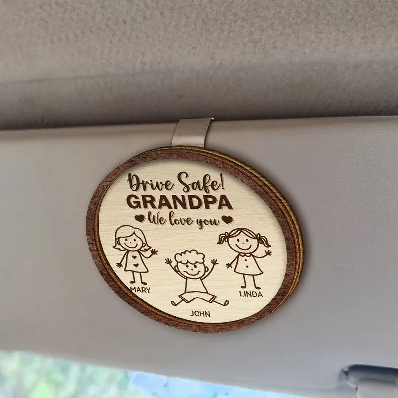 Drive Safe Grandpa Daddy Kid Stick Figures - Personalized Shaped Car Visor Clip - Father's Day Gift for Dad, Papa, or Grandpa