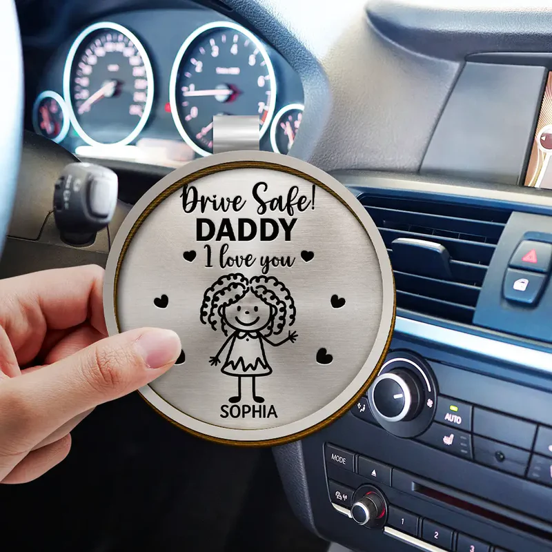 Drive Safe Grandpa Daddy Kid Stick Figures - Personalized Shaped Car Visor Clip - Father's Day Gift for Dad, Papa, or Grandpa