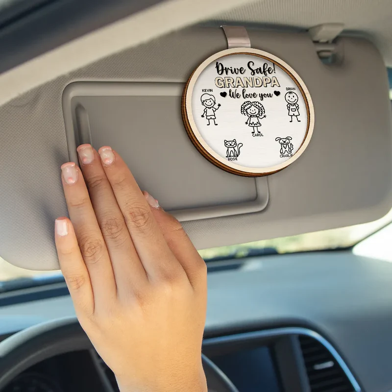 Drive Safe Grandpa Daddy Kid Stick Figures - Personalized Shaped Car Visor Clip - Father's Day Gift for Dad, Papa, or Grandpa