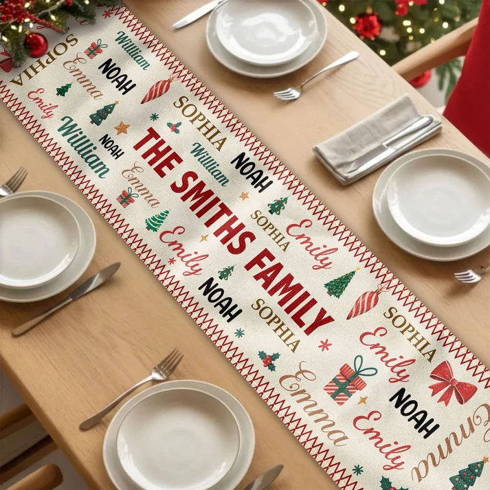 Family Name Word Christmas Theme - Personalized Table Runner - Christmas Gifts For Mom, Dad, Brother, Sister
