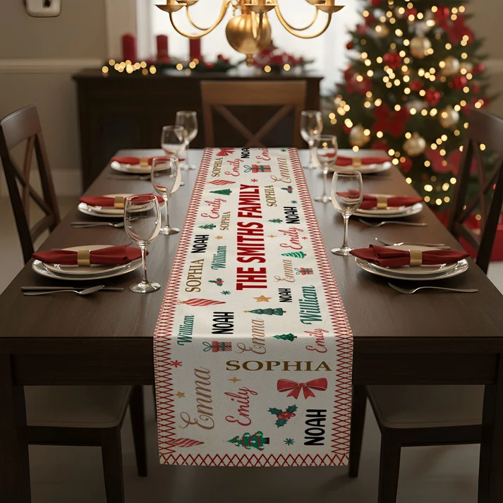 Family Name Word Christmas Theme - Personalized Table Runner - Christmas Gifts For Mom, Dad, Brother, Sister