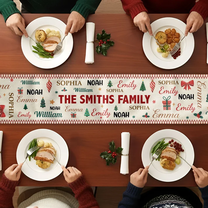 Family Name Word Christmas Theme - Personalized Table Runner - Christmas Gifts For Mom, Dad, Brother, Sister