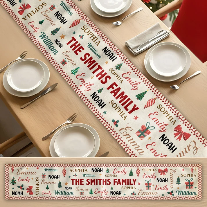 Family Name Word Christmas Theme - Personalized Table Runner - Christmas Gifts For Mom, Dad, Brother, Sister