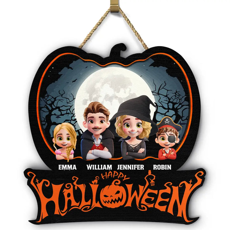 Family Costume Happy Halloween - Personalized Custom Shaped Wood Sign, Halloween Decoration