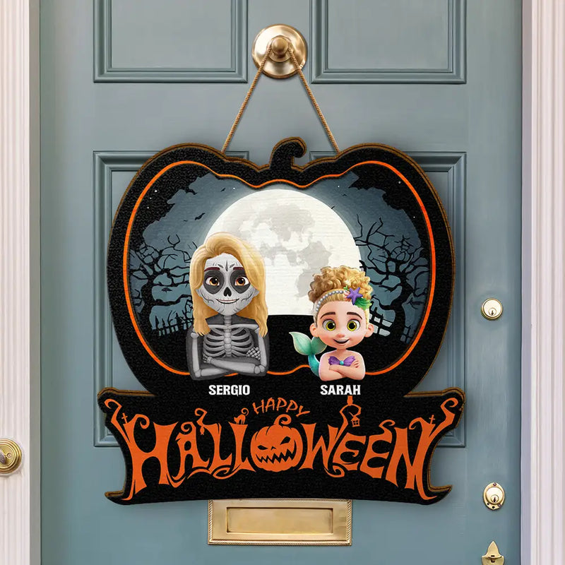 Family Costume Happy Halloween - Personalized Custom Shaped Wood Sign, Halloween Decoration