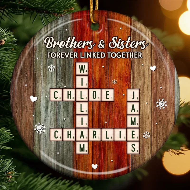 Family Crosswords Forever - Personalized Ceramic Ornament - Christmas Birthday Gifts For Mom, Dad, Brother, Sister