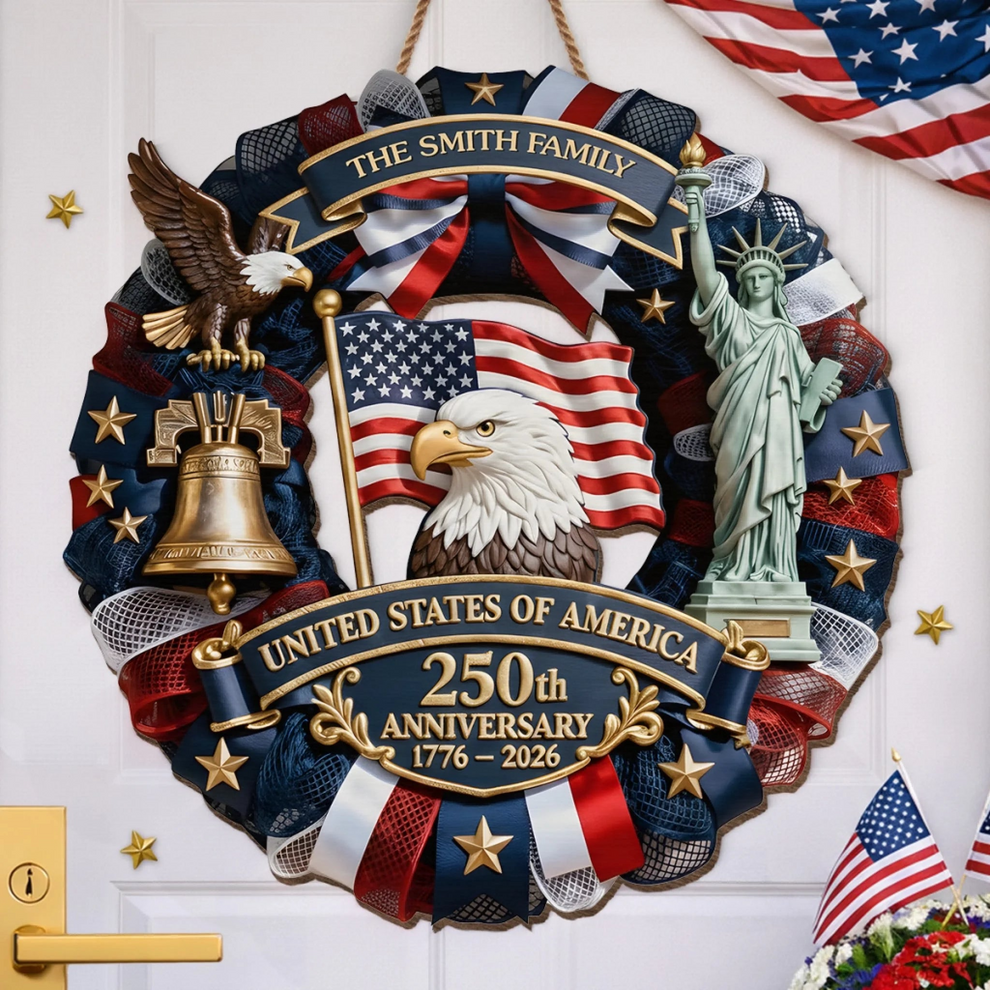 Personalized Family Forever United America 250th wood sign, main view