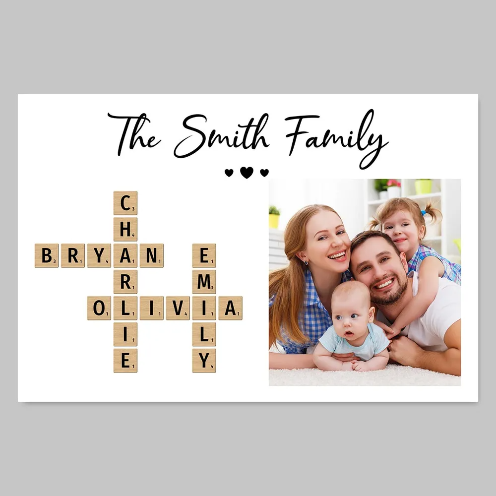 Personalized Custom Photo Family Make Your Own Crossword canvas print, framed in a bright living room