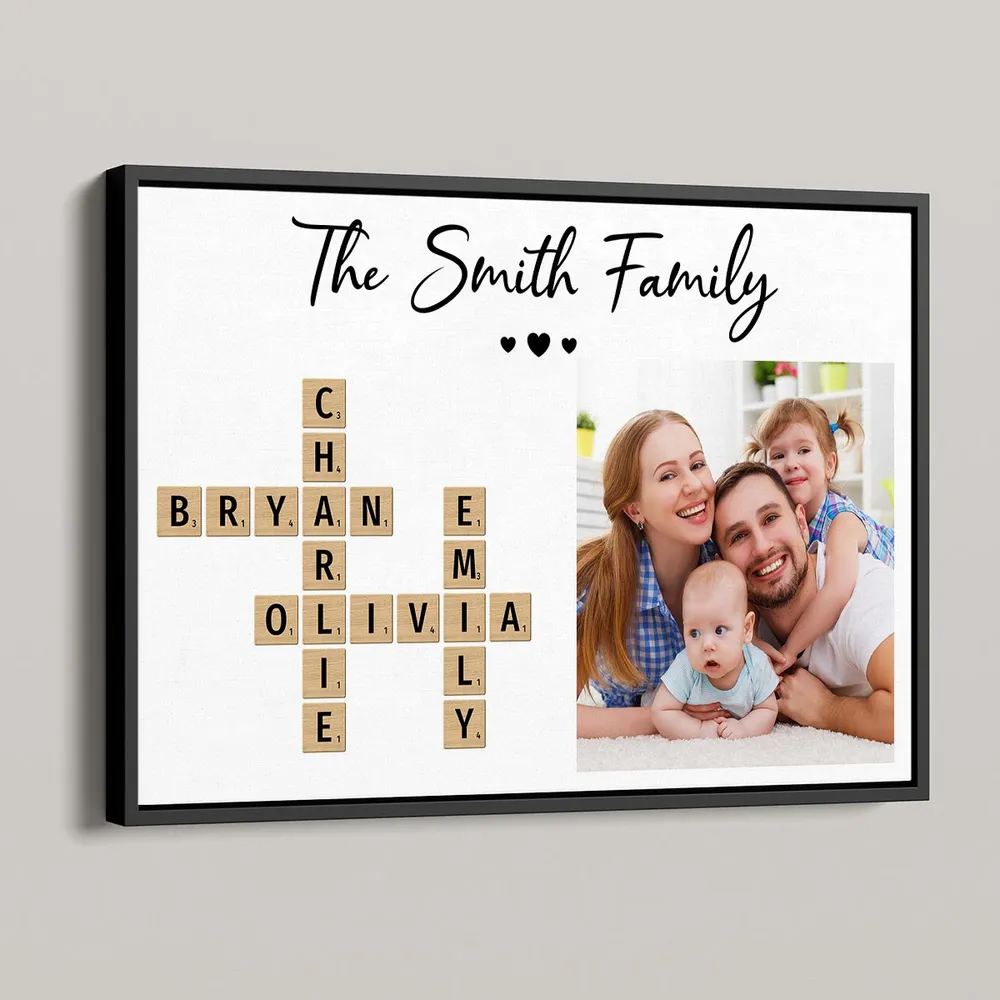 Personalized Custom Photo Family Make Your Own Crossword canvas print, a woman hanging the framed print on a wall
