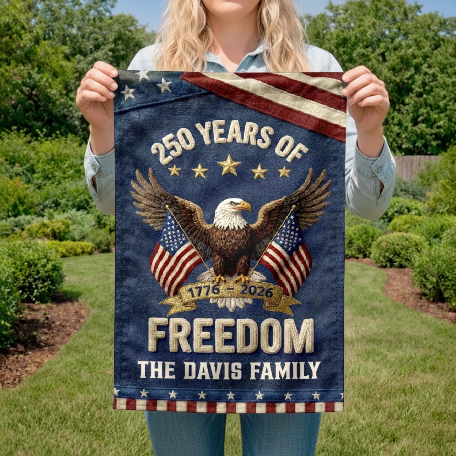 Family Is Our Home - Personalized Garden Flag - America 250th Anniversary Gifts For Family, Mom, Dad, Brother, Sister