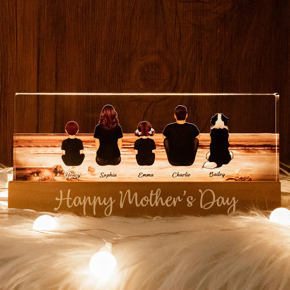 Family Sitting Back View Retro Vintage Beach Landscape - Personalized Acrylic LED Night Light - Gift For Family Members, Mom and Dad
