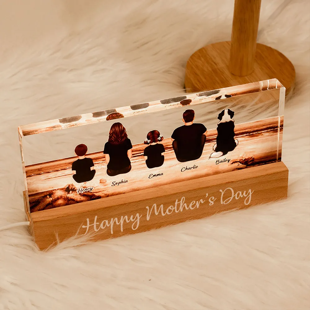 Family Sitting Back View Retro Vintage Beach Landscape - Personalized Acrylic LED Night Light - Gift For Family Members, Mom and Dad