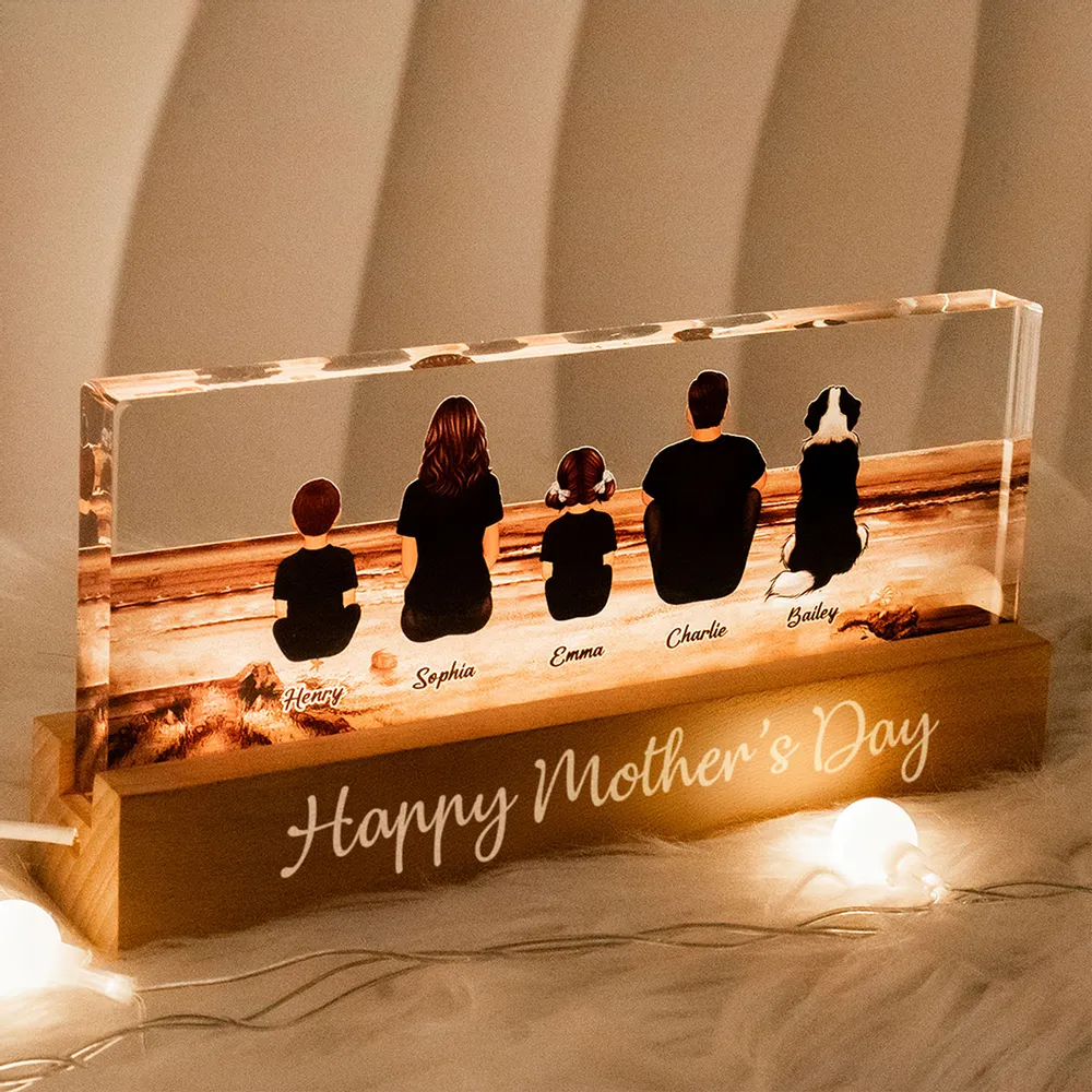 Family Sitting Back View Retro Vintage Beach Landscape - Personalized Acrylic LED Night Light - Gift For Family Members, Mom and Dad