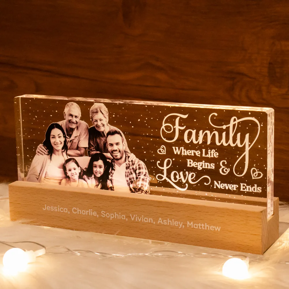 Family Where Life Begins & Love Never Ends - Personalized Acrylic LED Night Light - Gift For Family Members, Mom and Dad