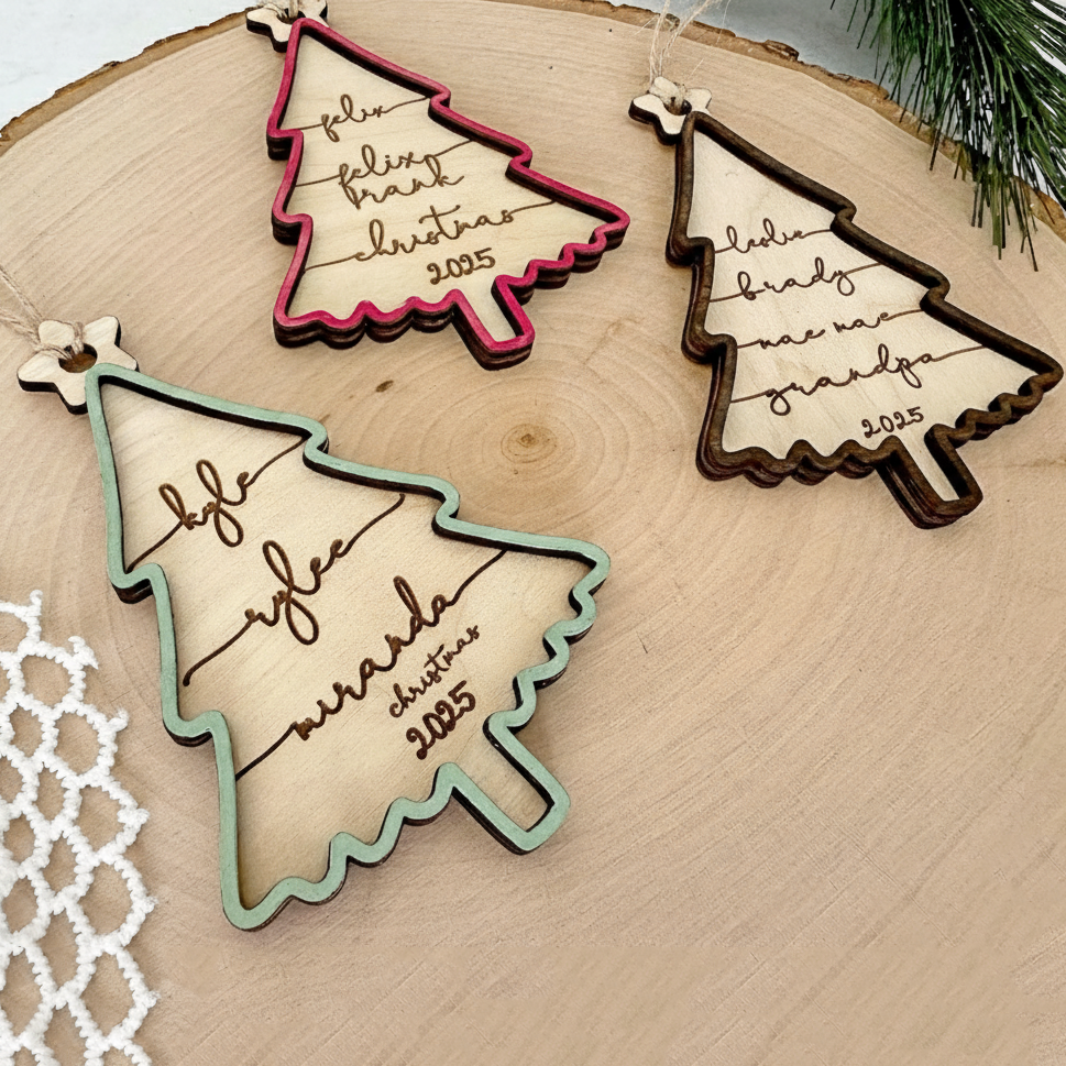 Family Christmas Tree - Personalized Custom 2-layered Wood Ornament - Christmas Gift for Family Members